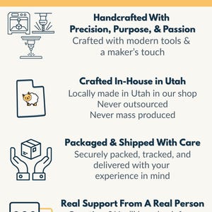 May include: An informational graphic titled What Sets Us Apart, Crafted By A Small Shop With Big Standards. It features four sections with icons: manufacturing tools, a Utah state outline with a sheep, a package held by hands, and speech bubbles.