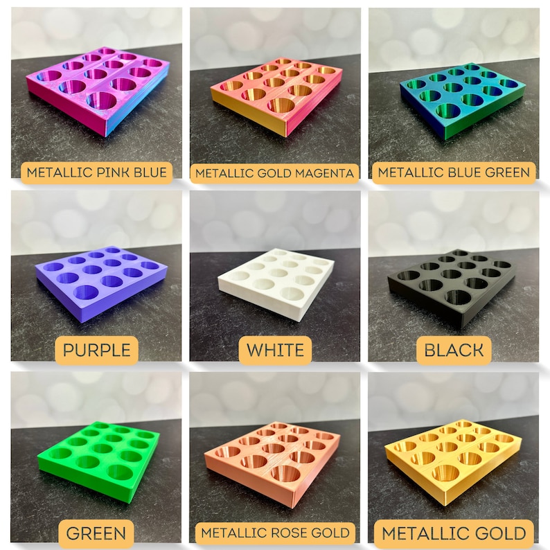 May include: A set of 12-well storage trays in various colors, including metallic pink blue, metallic gold magenta, metallic blue green, purple, white, black, green, metallic rose gold, and metallic gold.