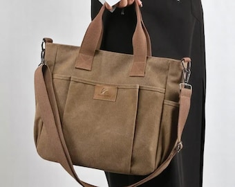 Multi Pockets Tote Bag, Thickened Canvas Shoulder Bag, Large Capacity Tote Bag