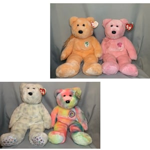 Beanie Buddies- Dearest, The Beginning Bear. orange beanie baby bear, white beanie baby bear, orange bear, white bear