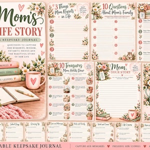 Puede incluir: Un diario de recuerdos imprimible titulado Mom's Life Story con ilustraciones florales, colores pastel y varias páginas para registrar recuerdos, recetas y lecciones de vida. El conjunto incluye preguntas sobre historia familiar y relatos personales.