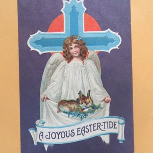 Easter Postcard Antique 1900&#39;s Angel with Easter Bunnies and Eggs/ Joyous Easter-tide