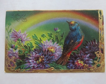 Antique Victorian Birthday Postcard Embossed Rainbow with Flowers and Bird (B31)