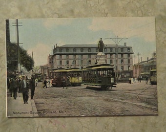 RPPC Monument Square Portland, Maine Trolley Grand Trunk Railroad Station Real Photo postcard