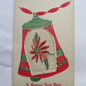 Happy New Year Postcard Antique Embroidered Poinsettia Flowers on Silk