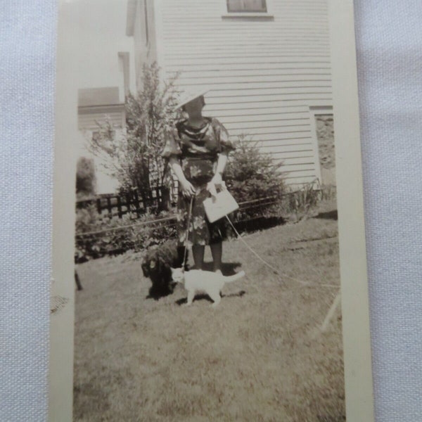 B&W Photo Snapshot 1938 Woman with Dog and Cat on Leash