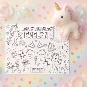 Unicorn Birthday Placemat, Unicorn Birthday Coloring Placemat, Unicorn Activity Sheet for Kids, Printable Personalized Party Favor, sb120