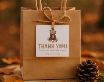 Woodland Animal Thank You Tag, Editable Baby Shower Tag, Printable Bear Party Decor, Instant Download Template, Fall Loot Bag Card, sb147