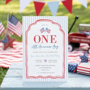 One All American Boy Birthday Invitation Digital, 4th Of July First Birthday Invite, Vintage Americana, Editable Printable Template, sb201