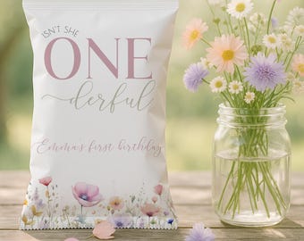 Wildflower Birthday Chip Bag, Onederful Floral Party Favor, Editable Treat Bag, Girl First Birthday, Custom Loot Bag, Instant Download sb112