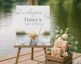 Fishing Baby Shower Welcome Sign, Little Fisherman Baby Shower Poster, Printable Editable Template Fishing Theme, Instant Download sb130