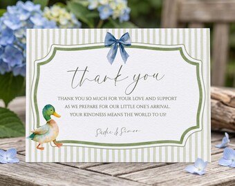Mallard Duck Baby Shower Thank You Card, Preppy Boy Shower Thank You Notes, LIttle Hunter Printable Stationery Template, sb210