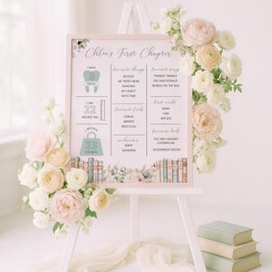Könnte beinhalten: Ein rechteckiges Meilenstein-Schild mit dem Titel Chloe's First Chapter, das Text über Zähne, eine Größe von 56 cm, ein Gewicht von 10 kg, Lieblingsdinge, Lieder, Speisen, Wörter, Bücher und Spitznamen enthält, verziert mit Blumen und Büchern.