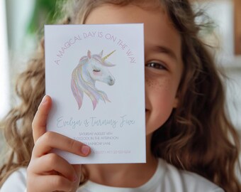 Unicorn 5th Bday Invitation, Unicorn Rainbow 5th Birthday Invitation, Magical Theme Party Invite Five, Editable Downloadable Printable sb120