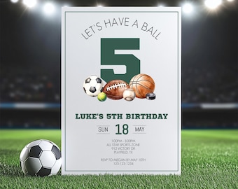 Sports Theme 5th Birthday Invite, Printable Sports Theme Invitations Boys, Five Year Old Birthday Party, Instant Digital Download, sb127