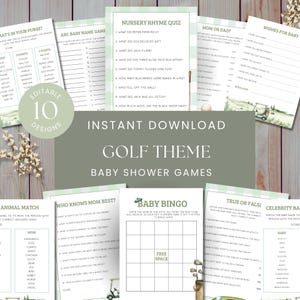 Golf Themed Baby Shower Games, Green Gingham Golf Printables, Golfing Theme Baby Shower Game Bundle, BINGO Editable Template Printable sb118