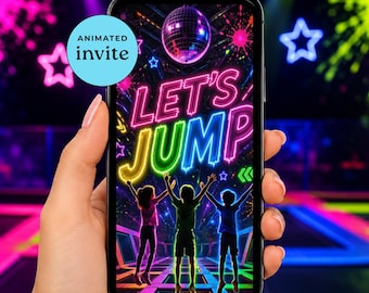 May include: A smartphone screen displaying a digital invitation with the neon text LET'S JUMP. The graphic features three silhouettes jumping against a dark background with a disco ball, colorful light streaks, and a light blue circle with the text ANIMATED invite.