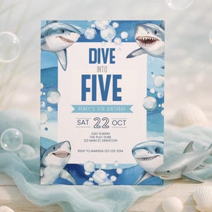 Dive Into Five Shark Invitation, Shark Birthday Invitation, 5th Birthday Invite Editable Template, Under the Sea, Instant Download sb106