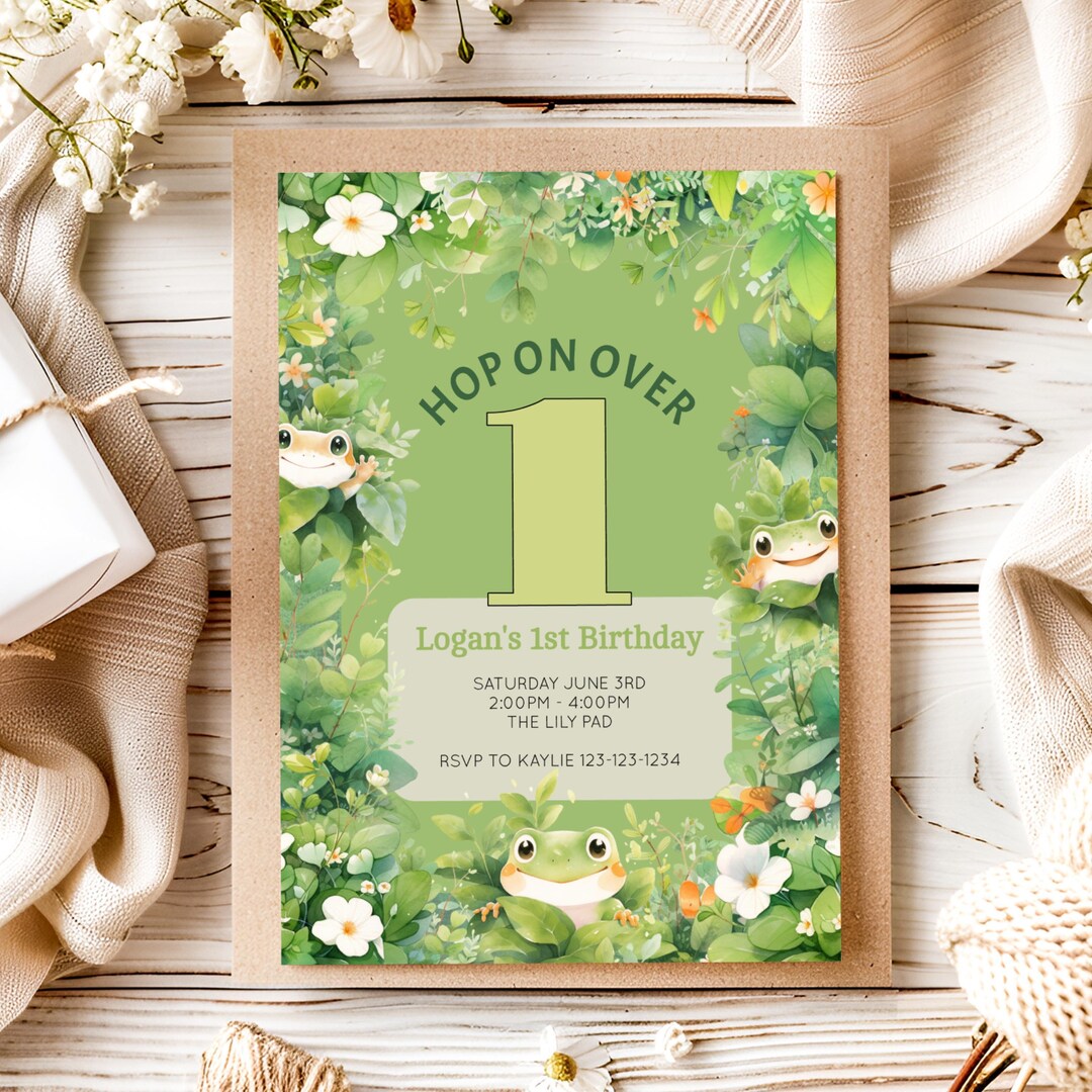 Frog Invite Cute Frog Birthday Invitation, 1st Birthday Invite Frog, Hop on Over ...