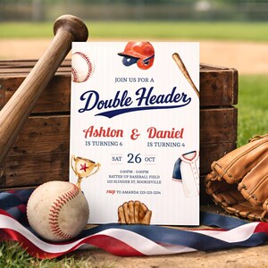 May include: Baseball-themed invitation with the text "Double Header" and details for a birthday party. The invitation features illustrations of a baseball, helmet, glove, and trophy. A baseball bat and glove are in the background.