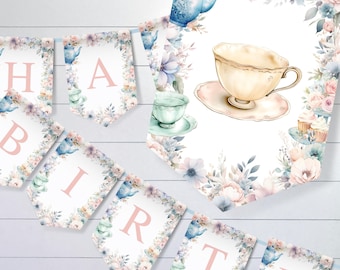 Personalized Birthday Banner Tea Party Banner, Tea Party Decorations, Custom Girls Party Decor, Printable Bunting High Chair Flag, sb129