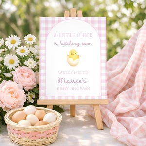 Hatching Soon Baby Shower Welcome Sign, Chick Baby Shower Welcome Poster, Farm Gingham Chicken Baby Shower Decor Printable Template, sb178