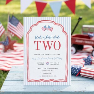 a birthday party invitation for a two-year-old celebrating their second birthday. The invitation is set against a backdrop of American flags and a red wagon, suggesting a patriotic theme.