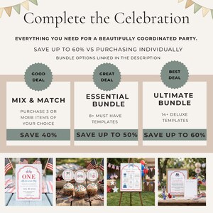 The image is a promotional graphic for a party supplies store, featuring various party items such as balloons, banners, and a sign. The text highlights the store's offerings, including a "Bundle Options" section with different bundle deals and a "BEST DEAL" section showcasing the best deal available. The image also includes a "MIX & MATCH" offer, an "ESSENTIAL BUNDLE", and a "ULTIMATE BUNDLE" option, all of which are described as "14+ DELUXE TEMPLATES" and "SAVE UP TO 60%".