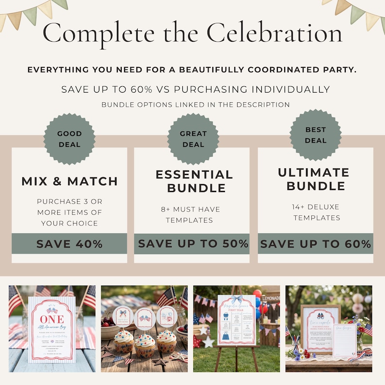 The image is a promotional graphic for a party supplies store, featuring various party items such as balloons, banners, and a sign. The text highlights the store's offerings, including a "Bundle Options" section with different bundle deals and a "BEST DEAL" section showcasing the best deal available. The image also includes a "MIX & MATCH" offer, an "ESSENTIAL BUNDLE", and a "ULTIMATE BUNDLE" option, all of which are described as "14+ DELUXE TEMPLATES" and "SAVE UP TO 60%".