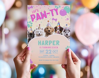 Puppy Theme Seventh Birthday Invitation, Puppy Dog 7th Birthday Party Invite, Cute Dog Editable Template, Instant Digital Download, sb101