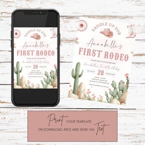 First Rodeo Girl Birthday Invitation, Pink Western Cowgirl Party Invite, Saddle Up First Rodeo Birthday Printable Editable Template, sb169 imagen 6