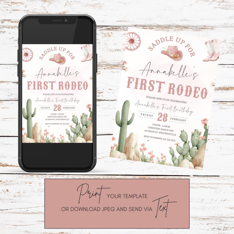 First Rodeo Girl Birthday Invitation, Pink Western Cowgirl Party Invite, Saddle Up First Rodeo Birthday Printable Editable Template, sb169 imagen 6