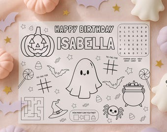 Halloween Coloring Placemat, Halloween Activity Placemats Kids, Birthday Coloring Sheet, Spooky Fall Ghost Birthday Party Placemat, sb139