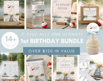 Ofishally One Bundle, Fishing Theme Birthday Bundle, Gone Fishing Invitation First Party Decorations Bundle, Fish Themed Party Decor, sb130
