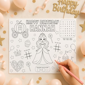 Princess Birthday Coloring Page Printable, Princess Party Activity Placemat, Kids Birthday Coloring Sheet, Girl Princess Activity Mat, sb107