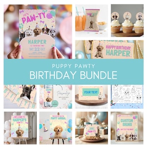 Puppy Party Bundle, Editable Birthday Invitations, Dog Birthday Party Decor, Printable Templates, Puppy Pawty Decorations Signs, sb101