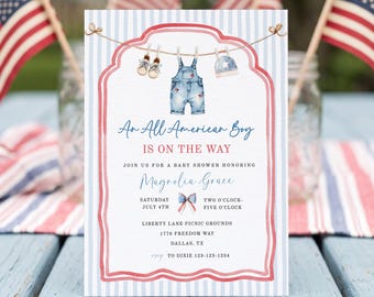 An All American Boy Is On The Way Baby Shower Invitation, Patriotic Baby Shower Invite, Vintage Americana USA, Editable Template, sb201