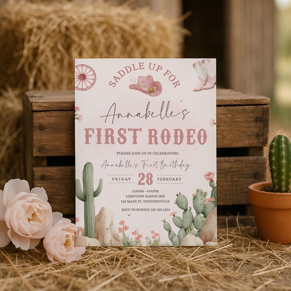First Rodeo Girl Birthday Invitation, Pink Western Cowgirl Party Invite, Saddle Up First Rodeo Birthday Printable Editable Template, sb169