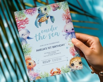 First Birthday Invitation Oneder The Sea, Under the Sea Party Invite, 1st Birthday Ocean Theme, Editable Template, Instant Download, sb103