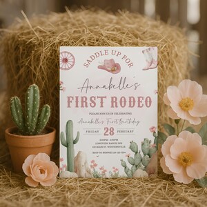 First Rodeo Girl Birthday Invitation, Pink Western Cowgirl Party Invite, Saddle Up First Rodeo Birthday Printable Editable Template, sb169 imagen 3