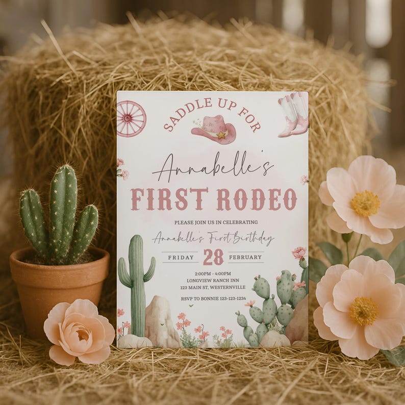 First Rodeo Girl Birthday Invitation, Pink Western Cowgirl Party Invite, Saddle Up First Rodeo Birthday Printable Editable Template, sb169 imagen 3