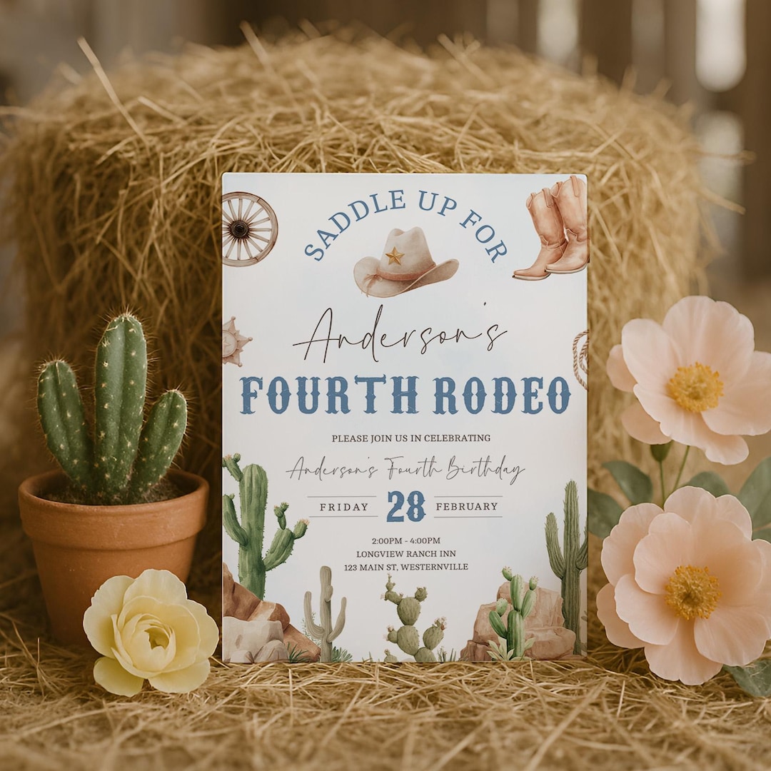 Boys 4th Birthday Cowboy Invitation, Cowboy Fourth Birthday Invite ...