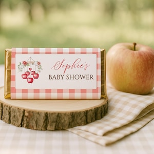 Apple of Our Eye Chocolate Bar Wrapper, Fall Apple Orchard Baby Shower Favors, Gingham Candy Wrapper Editable Template, sb144