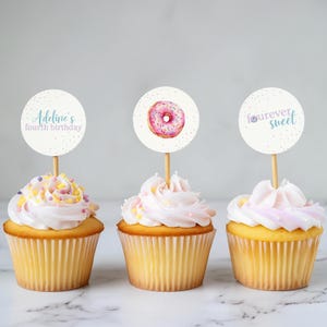 Donut Birthday Cupcake Topper, Fourth Birthday Party Decor, Fourever Sweet, Girls 4th Party Theme, Printable Decor, Instant Download, sb105