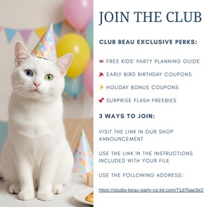 a white cat wearing a birthday hat, with colorful balloons in the background. The cat is sitting on a table, and there is a plate of food nearby. The image does not contain any text.