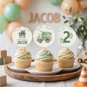 Garbage Truck Cupcake Toppers, Dump Everything Birthday Cupcake Picks, Trash Truck Party Dessert Decor, Printable Party Decorations, sb174