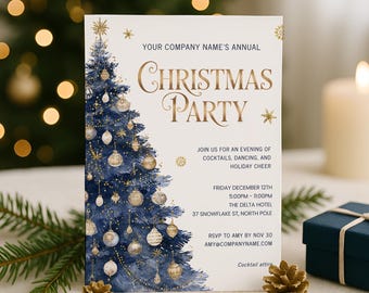 May include: A white rectangular invitation card featuring a watercolor illustration of a dark blue Christmas tree decorated with gold and silver ornaments. The text reads: YOUR COMPANY NAME'S ANNUAL CHRISTMAS PARTY, JOIN US FOR AN EVENING OF COCKTAILS, DANCING, AND HOLIDAY CHEER, FRIDAY DECEMBER 12TH, 5:00PM - 11:00PM, THE DELTA HOTEL, 37 SNOWFLAKE ST, NORTH POLE, RSVP TO AMY BY NOV 30, AMY@COMPANYNAME.COM, Cocktail attire.