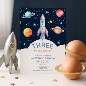 Space Birthday Invite Three, Space Invite Toddler, Outer Space Birthday Party Invitation, Editable Template, Instant Digital Download, sb128
