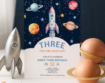 Space Birthday Invite Three, Space Invite Toddler, Outer Space Birthday Party Invitation, Editable Template, Instant Digital Download, sb128
