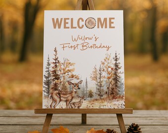 Fall Woodland Welcome Sign, Oh Deer Birthday Party Decor, Autumn Forest Animal Poster Template, Printable Editable Party Backdrop, sb147